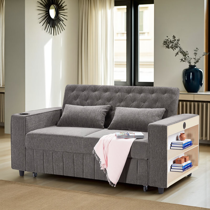 Causeuse convertible en chenille avec dossier réglable, ports USB et porte-gobelets Chenille, Gris