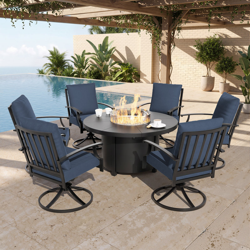 7-Piece Outdoor Fire Pit Set With 48" Aluminum Gas Table (40,000 BTU) & 6 High-Back Swivel Glider Chairs, Navy