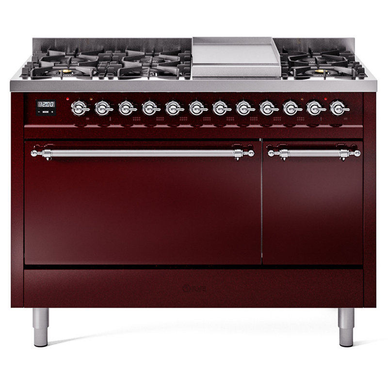ILVE Nostalgie II, cuisinière à double combustible de 48 po, 8 brûleurs, plaque chauffante, Gaz naturel, Bourgogne / chrome