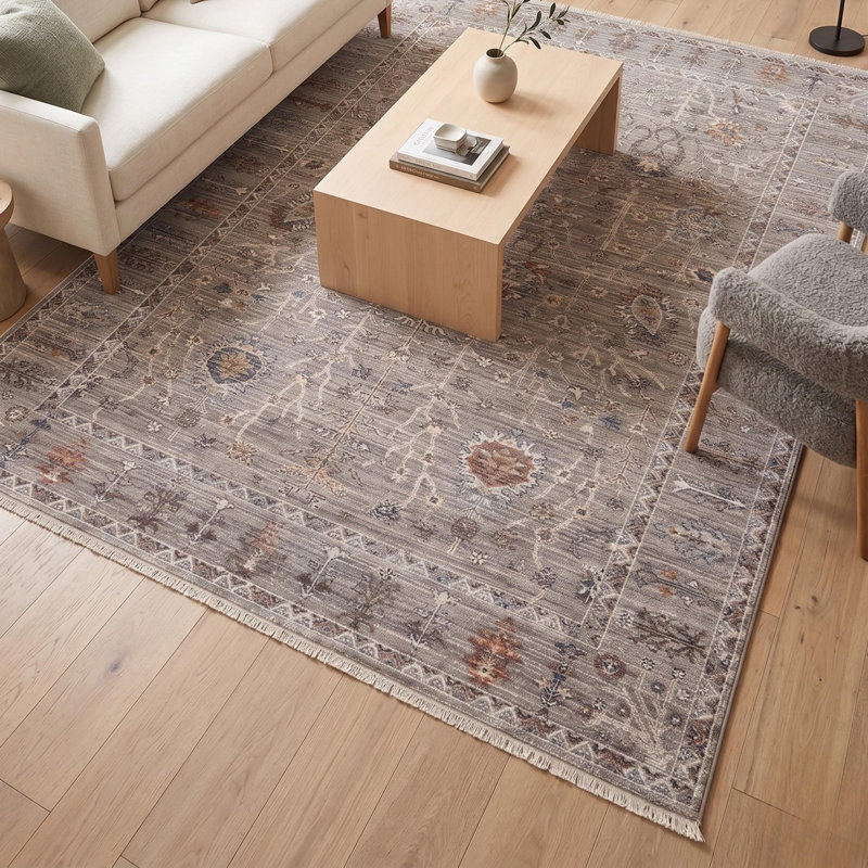 Tapis de sol gris traditionnel oriental tissé à la machine en polyester, motif traditionnel, Medium — 5'3" x 7'7"