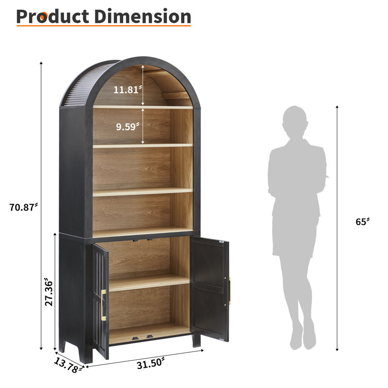Aterion 70.9" Arched Storage Bookcase, 70.9", Black