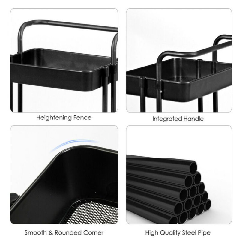 Black 3-Tier Metal Rolling Utility Cart with Casters