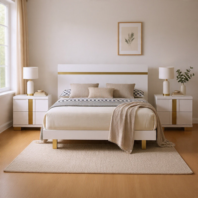 Ensemble de chambre pour grand lit, blanc, bois doré, ensemble de 3 pièces avec 2 tables de chevet, White/Gold