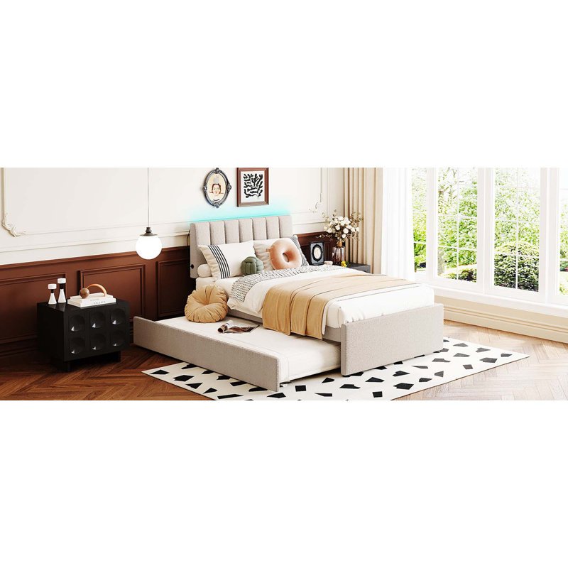 Lit plateforme tapissier simple avec lit gigogne Teddy, Beige