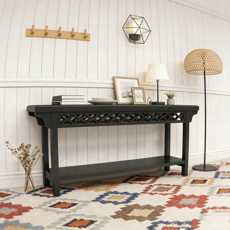 Farmhouse Narrow Wood Sofa Table with Storage, Black