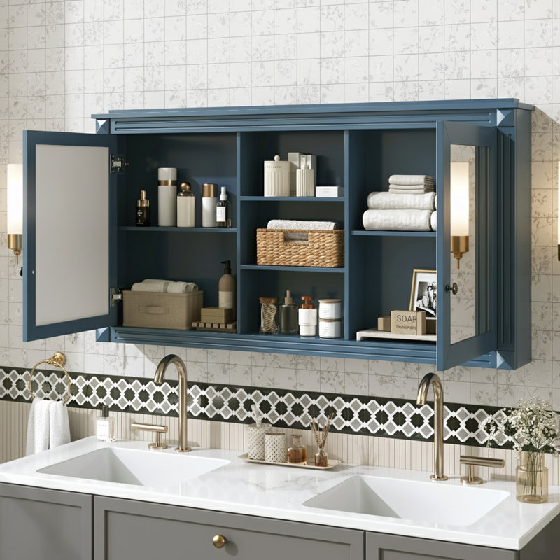Wall-Mount Mirror Bathroom Cabinet With Adjustable Shelves And Soft-Closing Hinges, High-Definition Mirrors, Blue