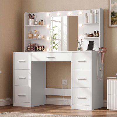 Coiffeuse de maquillage avec miroir lumineux à DEL et bloc d'alimentation intégré