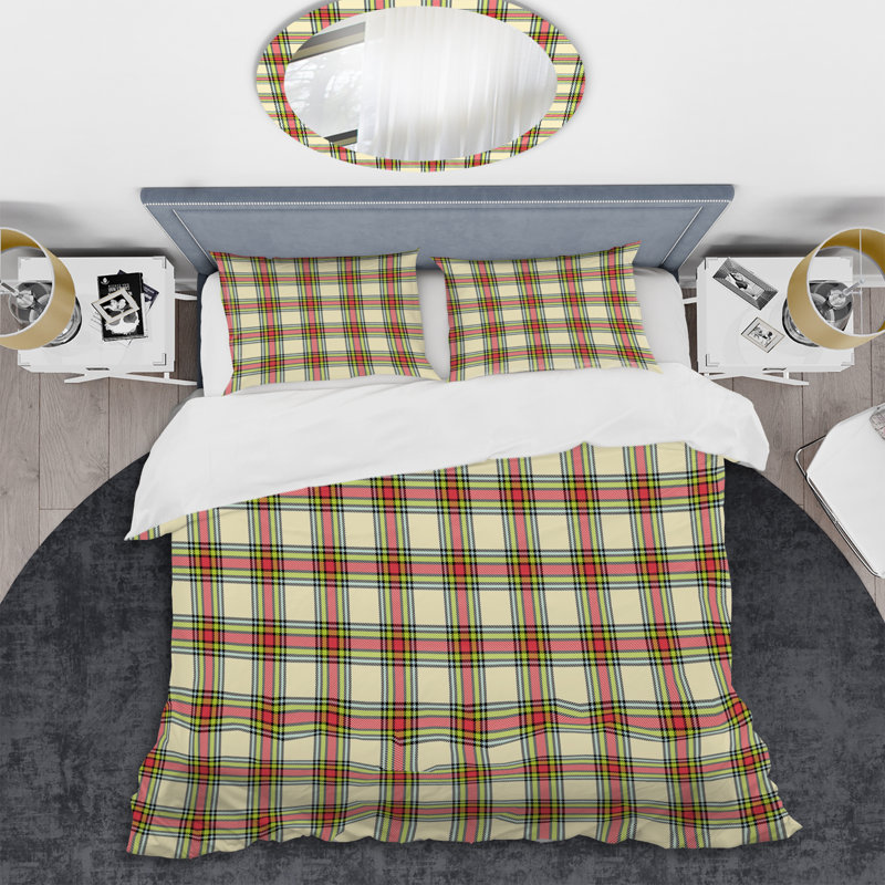 Tartan à carreaux crème et rouge - Ensemble de housse de couette abstrait - Microfibre de polyester