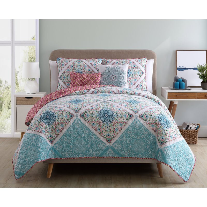 Ensemble de courtepointe réversible Windsor Medallion, Roi, Bleu / Rose