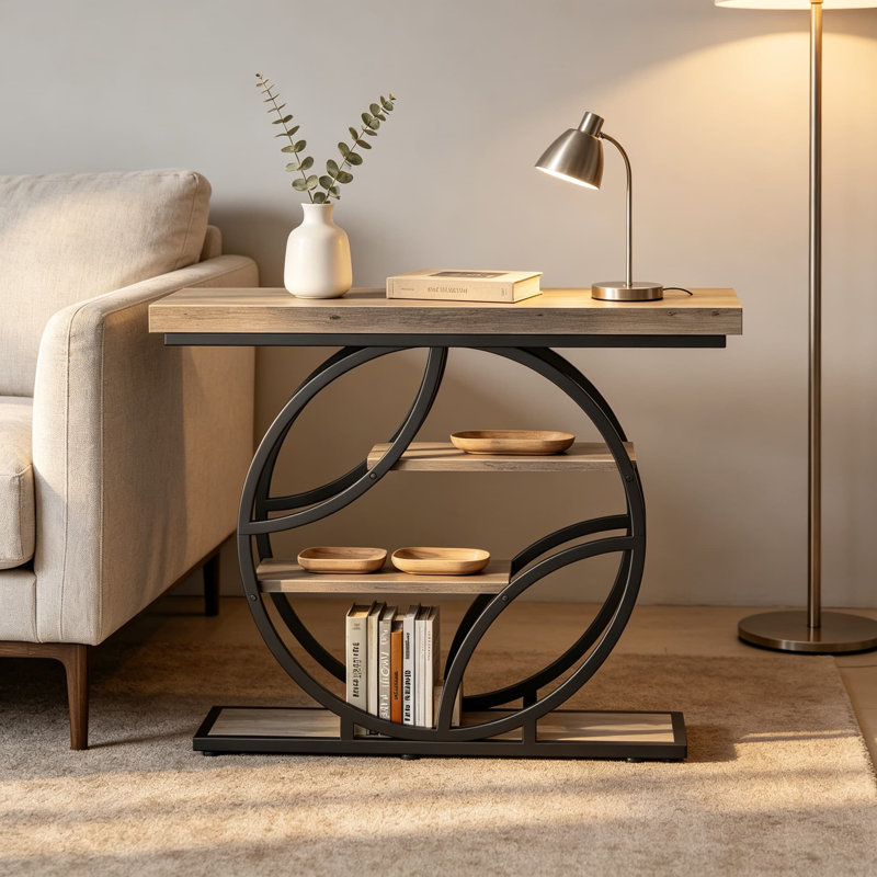 Table d'entrée 41,3 pouces, console moderne avec tablettes, structure en métal en forme de O, finition grain de bois gris, pour le couloir, l'entrée, le vestibule, le salon