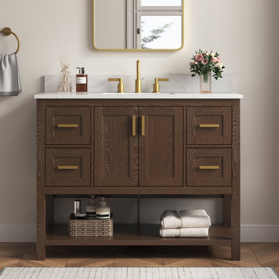 Aastha 42" Freestanding Walnut Bathroom Vanity With Single Sink & Engineered Stone Top