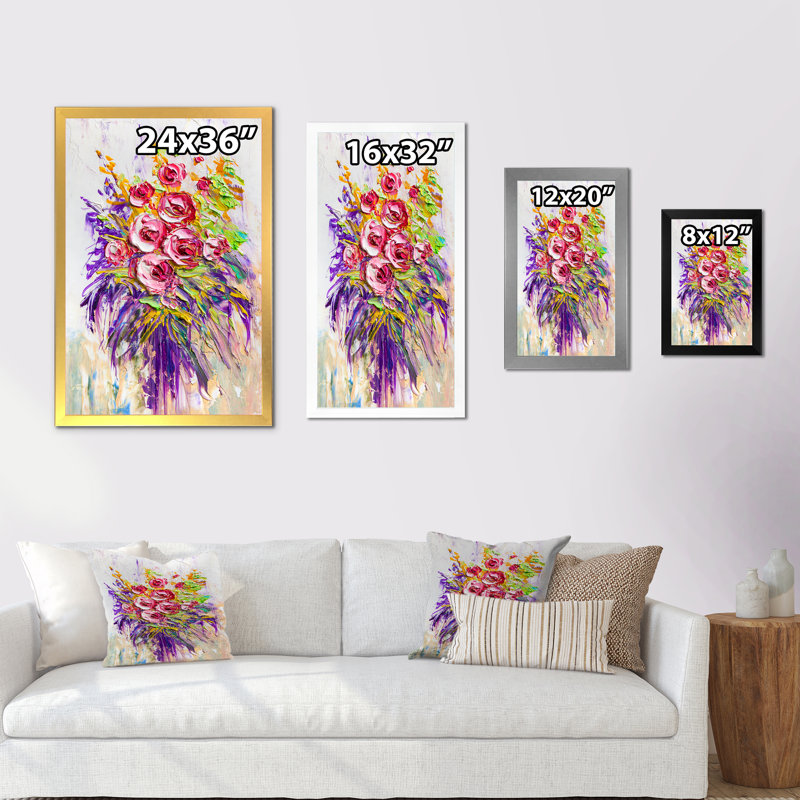 Roses rouges - peinture murale traditionnelle sur toile, H 20 po x l 12 po x P 1 po, Cadre photo argenté