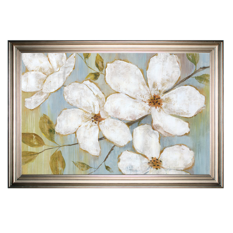 Fleurs blanches - cadre imprimé, Cadre doré, H 27 po x l 39 po x P 2 po, Pas de tapis
