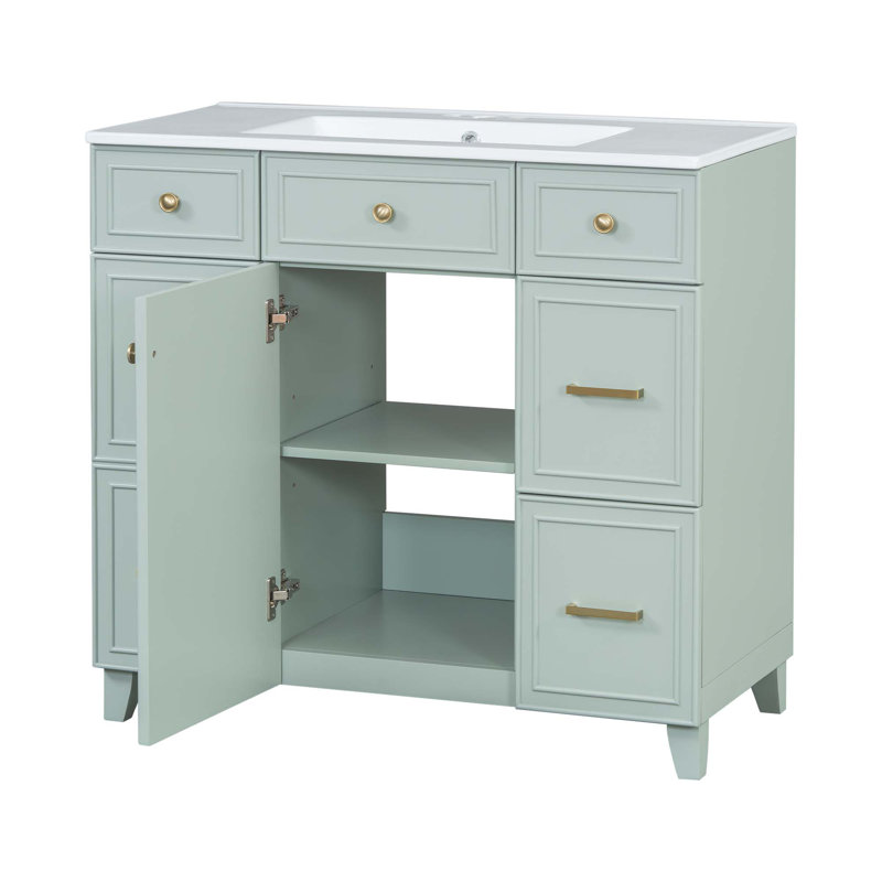Meuble-lavabo 36 po avec lavabo en céramique, structure en bois massif, portes à fermeture en douceur, tablettes réglables, 3 tiroirs, y compris un tiroir à double profondeur pour le rangement du sèche-cheveux