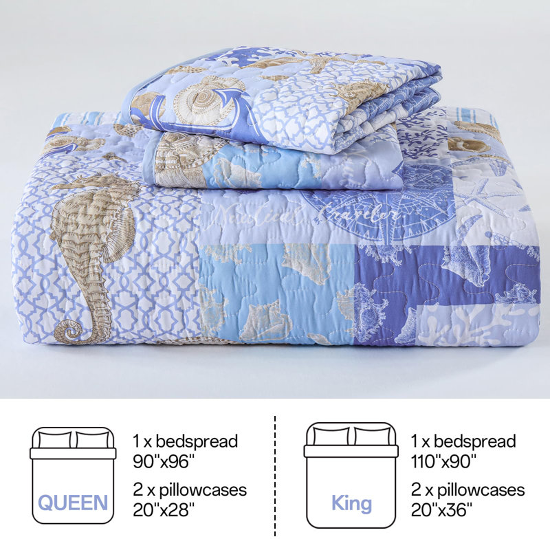 Ensemble de courtepointe 3 pièces nautique réversible avec taies d'oreiller, couvre-lit léger en patchwork, literie en microfibre toutes saisons respirante