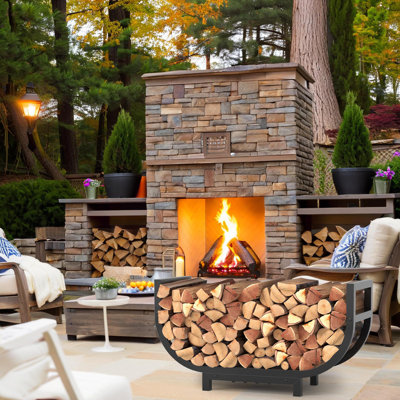 Râtelier à bûches de 76 cm (30 pouces) pour intérieur et extérieur avec sac de transport, support à bûches stable en métal antirouille pour foyer, terrasse ou foyer extérieur, outil de rangement robuste pour le bois de chauffage, noir
