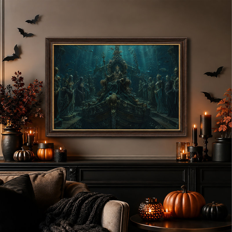 Roi squelettique sous-marin sur un trône orné - Toile murale d'Halloween, H 16 po x l 24 po