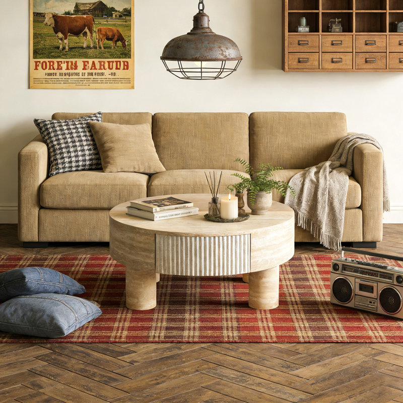 Table basse ronde avec plateau rabattable et compartiment de rangement caché