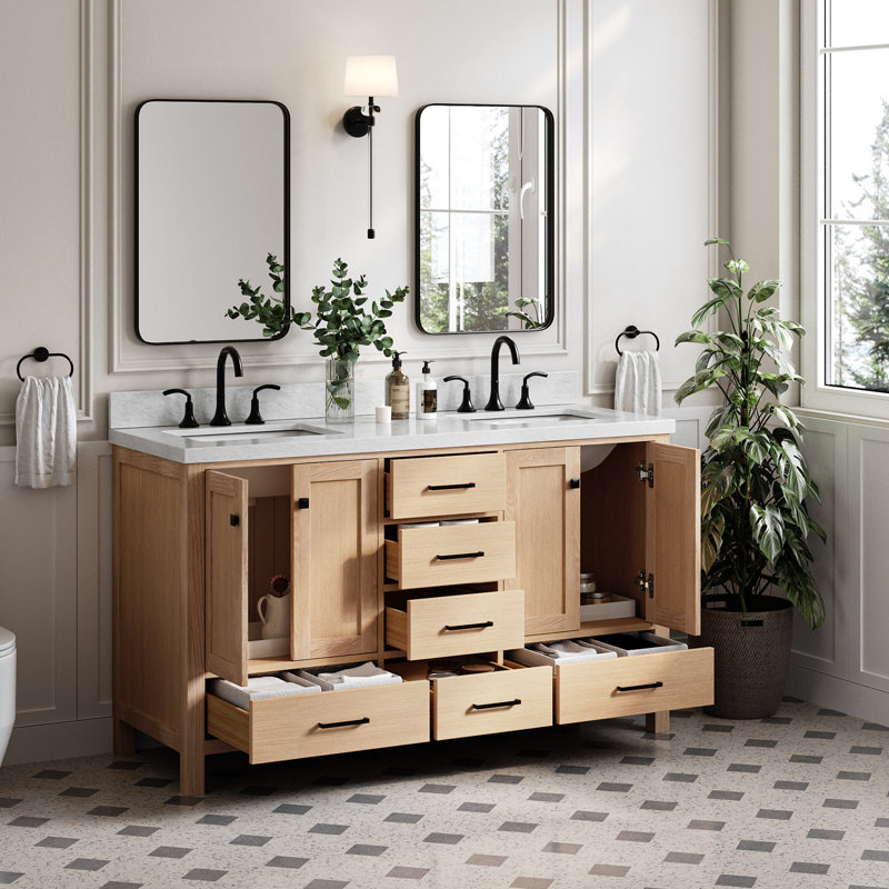 Ensemble de meuble-lavabo double 61 po Cambridge, Chêne / noir mat, Rectangular