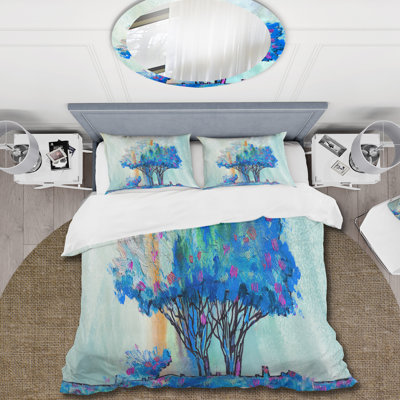 Blue Colored Tree Impression I - Modern Duvet Cover Set - Microfiber Polyester