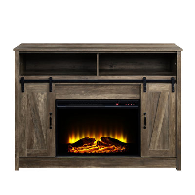 Rectangular Tv Stand With Rustic Oak Finish Fireplace, Sliding Barn Door, 2 Door Storages, Open Compartments, Kd, 15Mm Thick Fireplace Top, Plastic+Glass Particle Board, , Metal, Veneer Paper , 4777