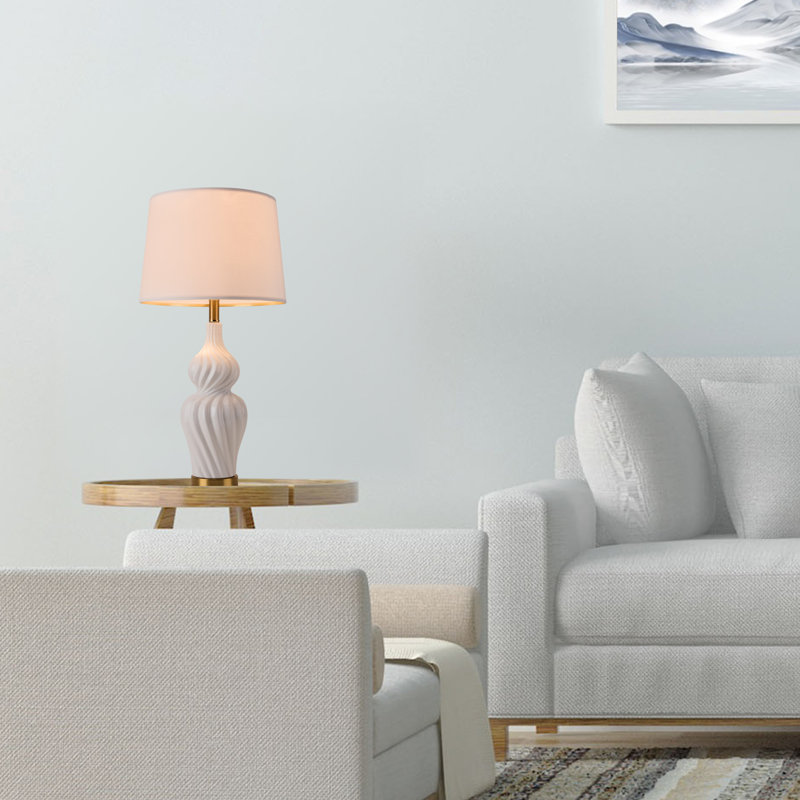 Set of 2 White Ceramic Bedside Lamps with Linen Drum Shades