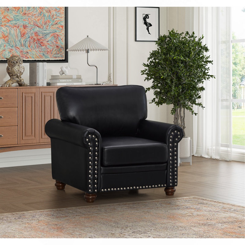 Sturdy and Metal Armchair with High Elastic Sponge Cushioning and Silver Nails Decoration for Comfort and Style, Black