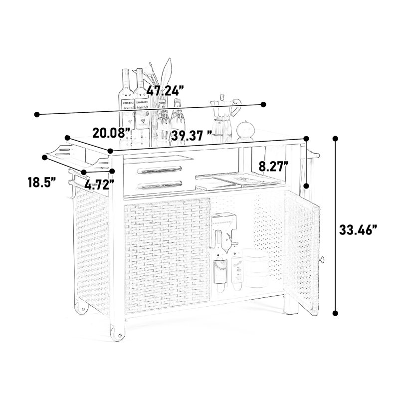 Et chariot d'îlot extérieur avec plateau en acier inoxydable pour jardin de patio, roues de table de cuisine polyvalentes brunes, utilisation dans le jardin