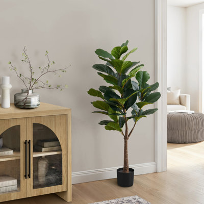 47 Inch Tall Real Touch Artificial Fiddle Leaf Tree, Potted Faux Floor Greenery with Black Pot