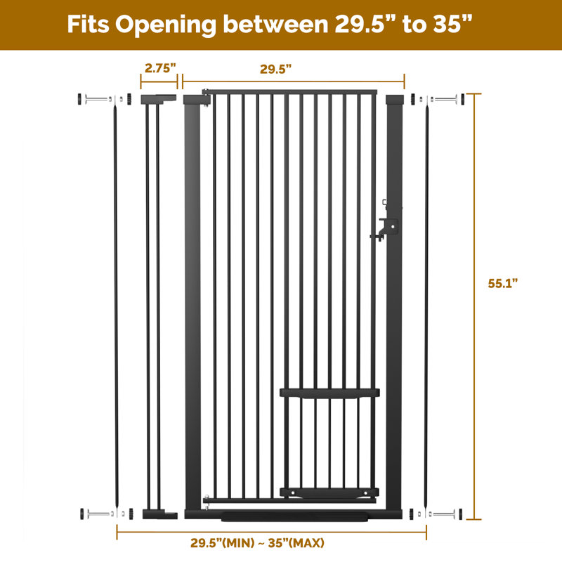 Très haute barrière pour chat de 55 po, convient aux portes de l 29,5 à 37,4 po, barrière pour animal de compagnie avec porte pour chat réglable, montée sous pression, facile à assembler, barrière pour chien pour porte, escalier, couloir (noir)