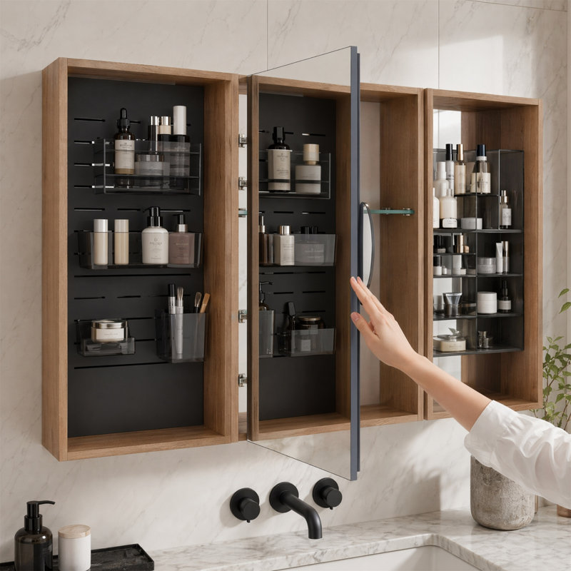 Ensemble d'armoire à miroir murale 43,7 po - 3 modules avec accessoires perforés et tablettes réglables, fermeture en douceur