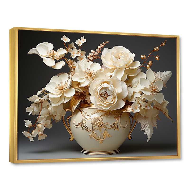 Impression sur toile Baroque Hydrangea blanc et or VII - Hydrangea, Cadre flottant doré, H 24 po x l 32 po x P 1 po