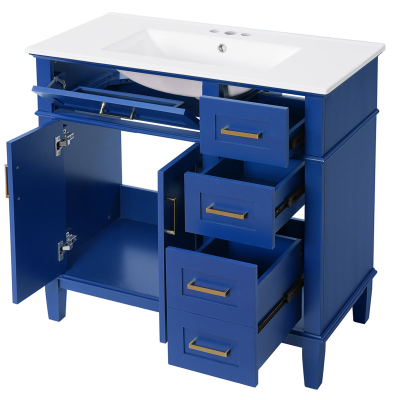 Meuble-lavabo contemporain bleu 36 36 po avec lavabo en céramique, portes à fermeture silencieuse, trois tiroirs à profondeur variable, trou de trop-plein, assemblage requis