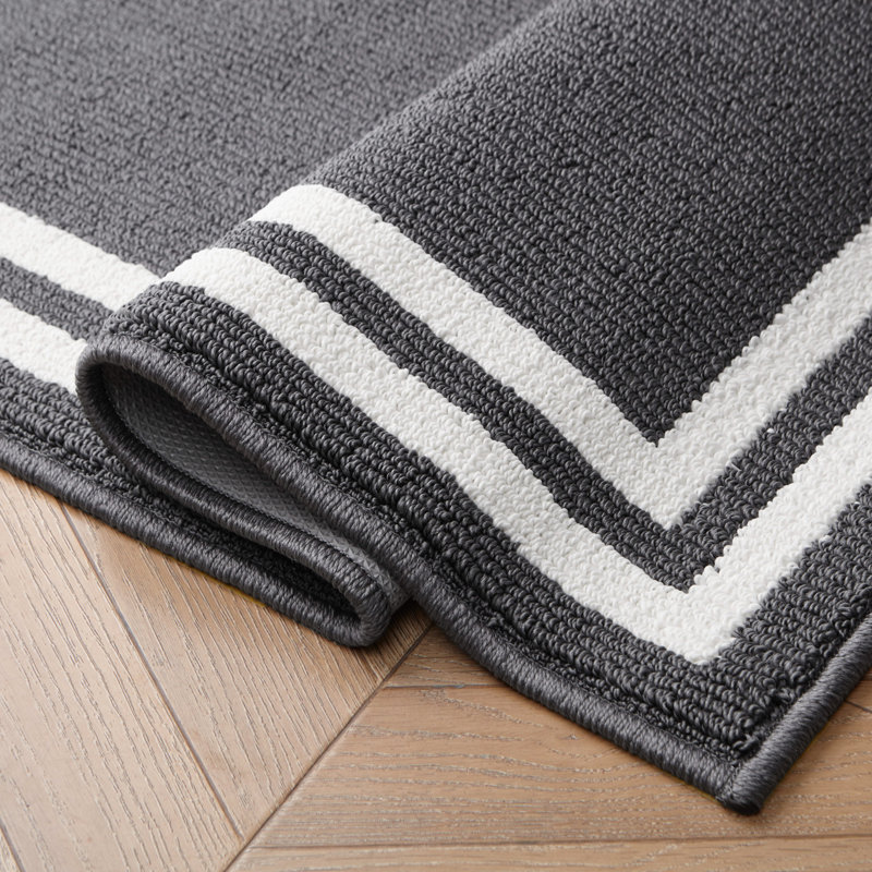Laura Ashley Debbie Double Border Two-Tone Machine Washable All Loop Tufted Rugs, Runner 2'2" x 5', Dark Gray/Natural