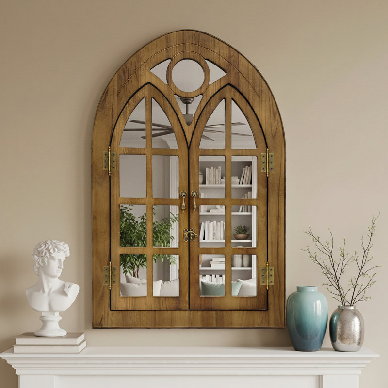 Solid Wood Arched Window Mirror With Opening Doors – Farmhouse Wall Mirror For Bathroom Vanity, Rustic Decorative Mirror