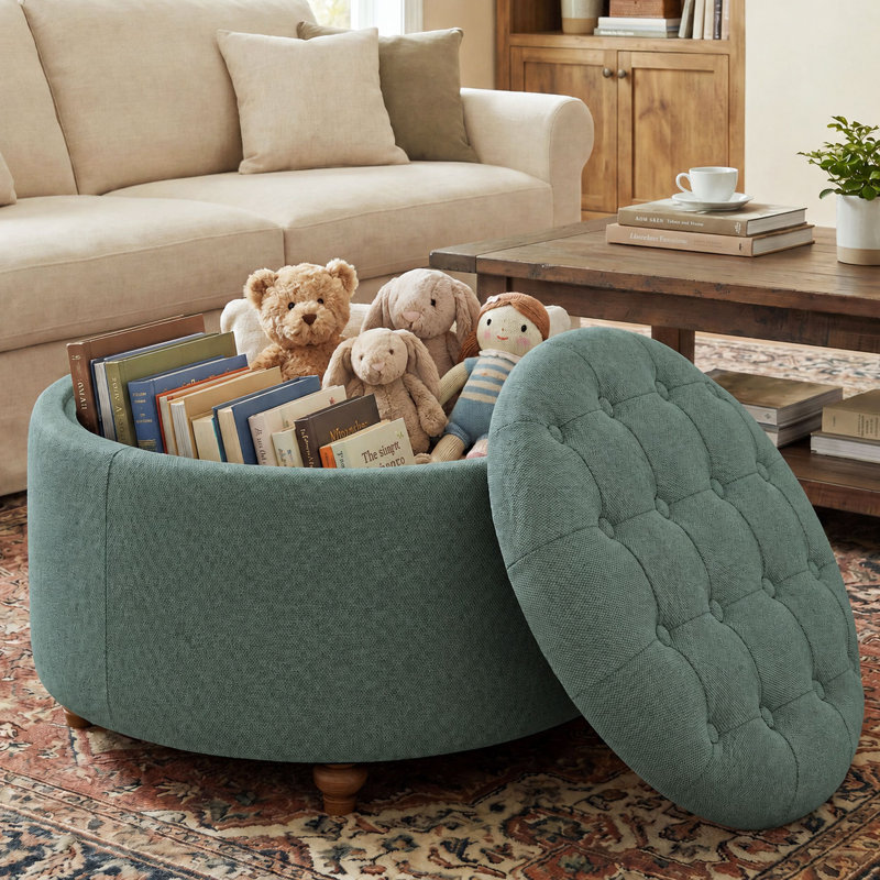 Repose-pieds rembourré avec rangement et coussin capitonné, Vert