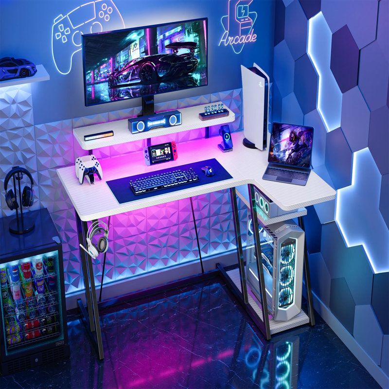 Gaming Table With LED Light, 120Cm Computer Table With Monitor Stand, L-Shaped Table With Headphone Hook, White