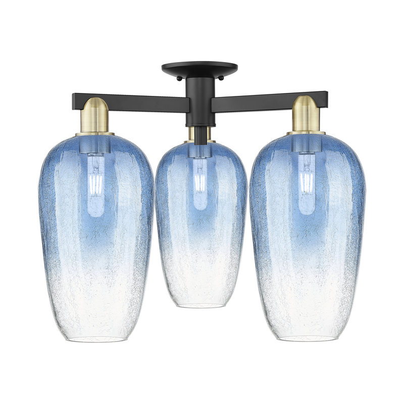 Plafonnier semi-encastré 3 lumières Brookhaven Cloche, Bleu saphir, Laiton antique