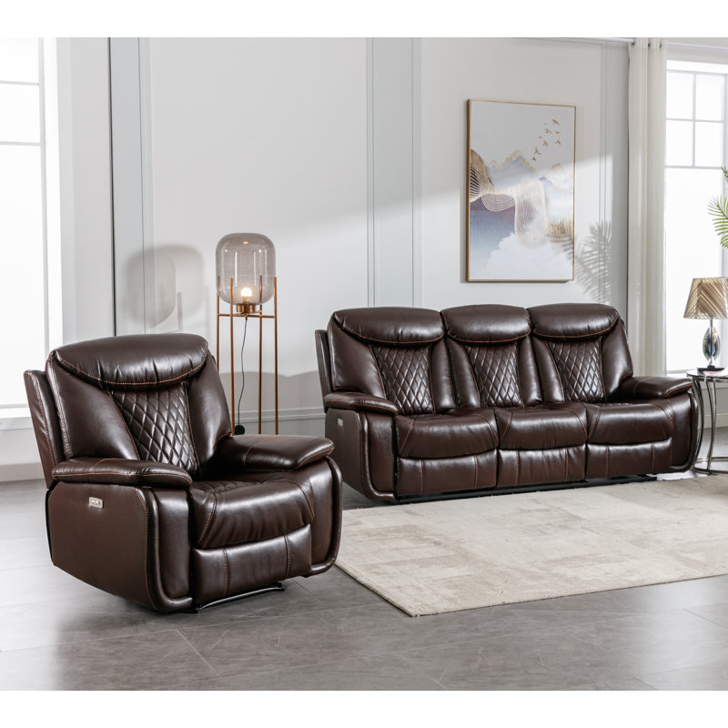 Ensemble de salon inclinable électrique en cuir 2 pièces avec coutures en losange, Similicuir espresso classique