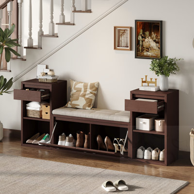 Banc de rangement pour chaussures avec coussin, tiroirs et tablettes ouvertes