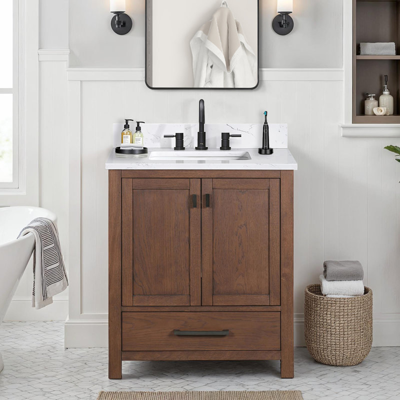 Meuble-lavabo simple 30 po avec plateau Souther, Marbre blanc de Cala, Chêne moka, Noir