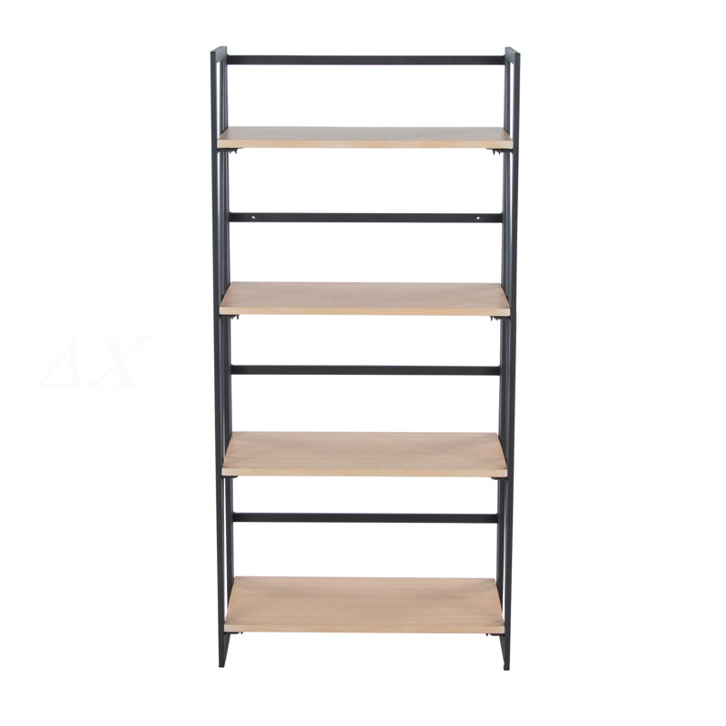 Bibliothèque contemporaine en métal peint noir et bois naturel, 49.28" H x 12.02" W x 23.77" D