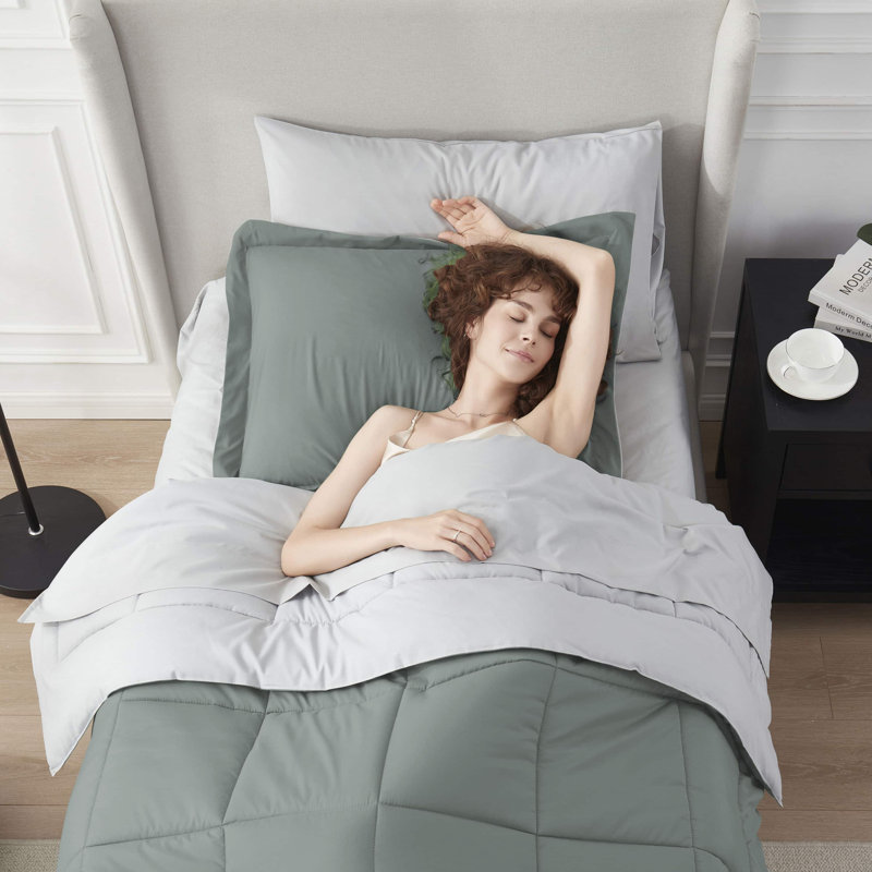 Ensemble d'édredon réversible avec draps Bed-in-a-bag, Édredon simple très long + 5 pièces supplément, Vert sauge