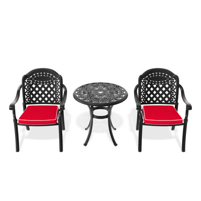 Cast Aluminum 3 Outdoor , Black Frame, Random Color Cushions For Comfortable Time, Stackable Chairs, Round Table With Umbrella Hole Patio 3, All Use,
