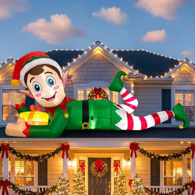 10FT Giant Lying Elf Inflatable With LED Lights, Christmas Blow Up Outdoor Decor For Lawn Garden, Built-In Lighting Holiday Yard Decoration