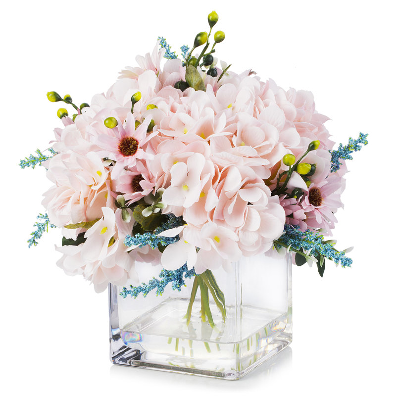 Faux Silk Hydrangea Arrangement in Vase, Pink