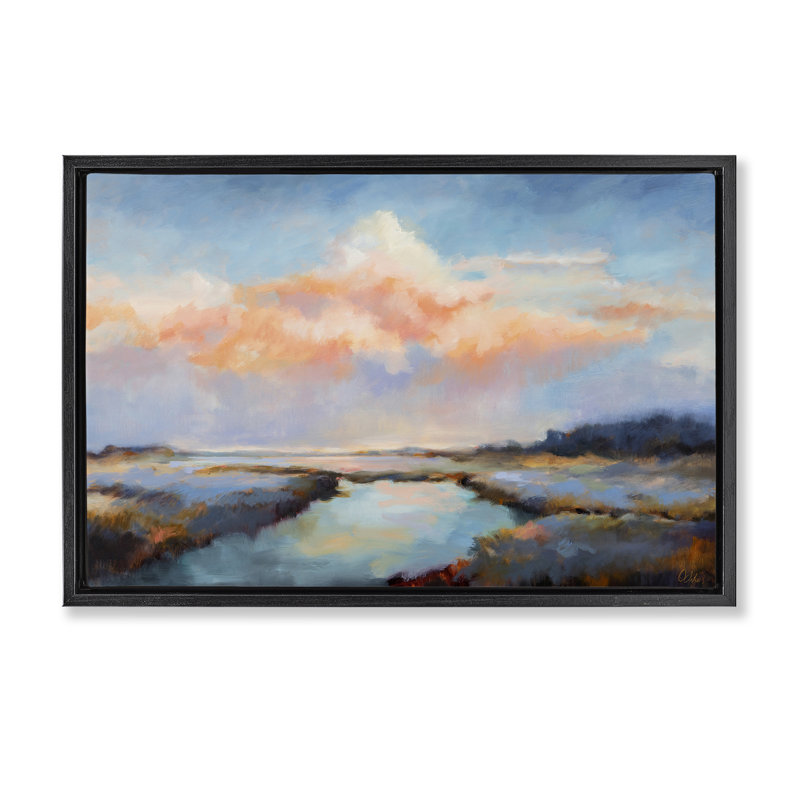 «River with Pastel Clouds», toile flottante encadrée par Odile, Cadre flottant noir de jais, H 21 po x l 31 po