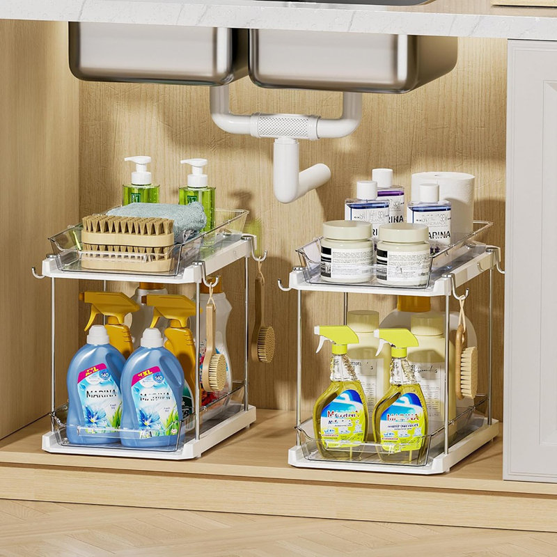 Ensemble de 4 tiroirs sous le lavabo à 2 niveaux - Tiroirs d'armoire polyvalents avec crochets et séparateurs pour salle de bain, cuisine et garde-manger, blanc