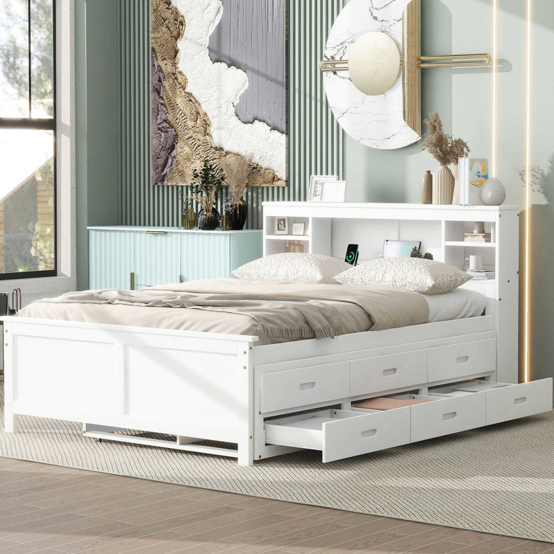Lit plateforme blanc avec rangement pour tête de lit et lit gigogne - 3 tiroirs, Blanc