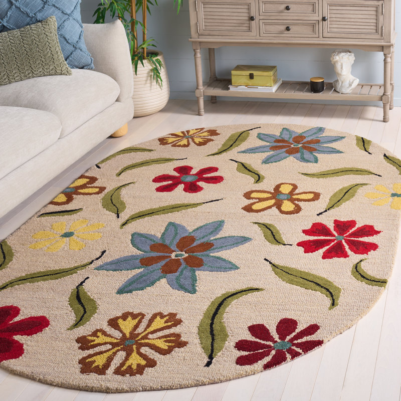 Emrick Hand Hooked Wool Floral Rug, Oval 5' x 8'